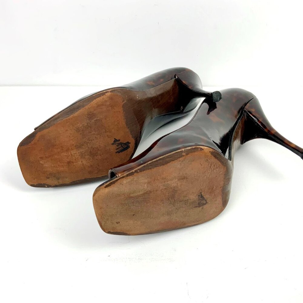 Stuart Weitzman Brown Patent Leather Tortoise Shell Peep Toe Pumps Size 9.5M - Picture 7 of 16